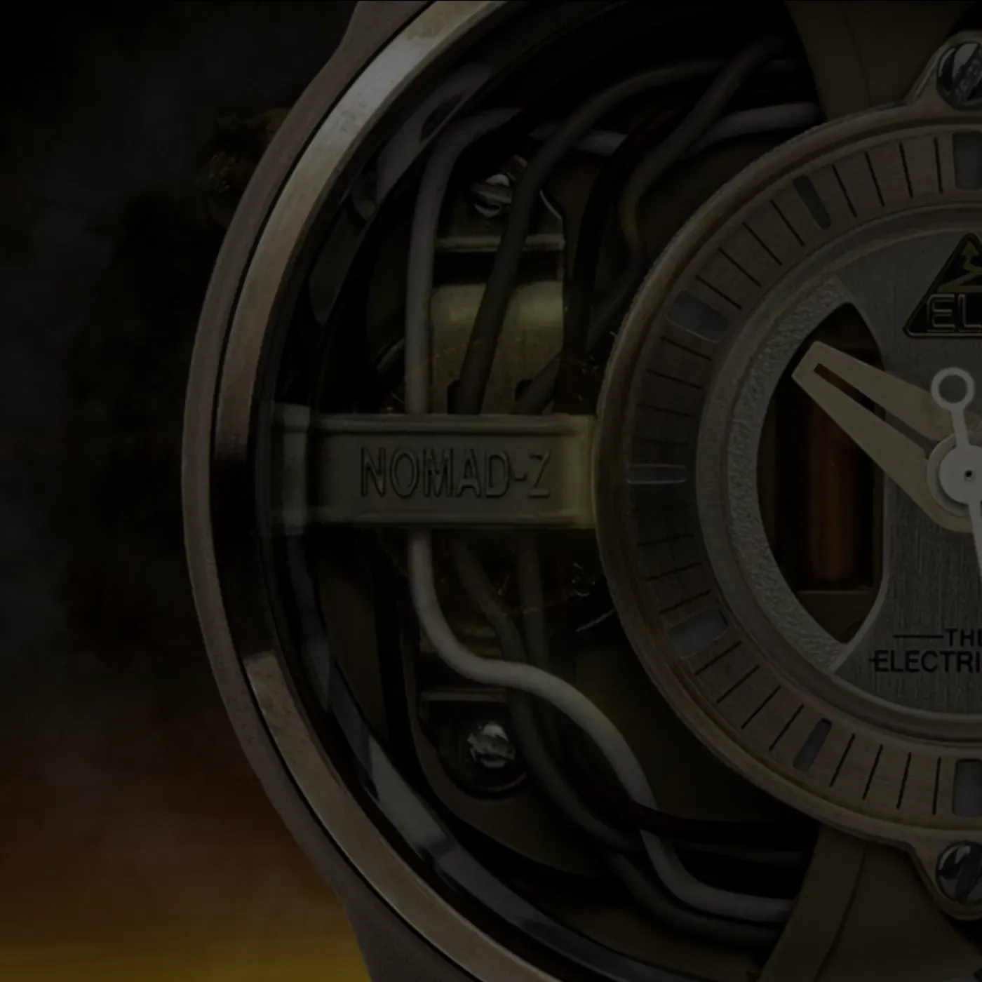 Gros plan sur le cadran de la montre Nomad Z de The Electricianz